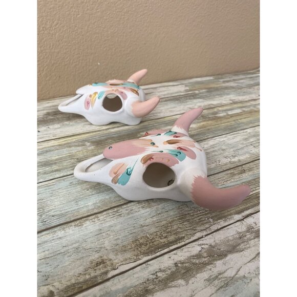 Set of 2 Vintage Ceramic Bull Skull Wall Decor Pair Southwestern Boho Pastel - Picture 10 of 10